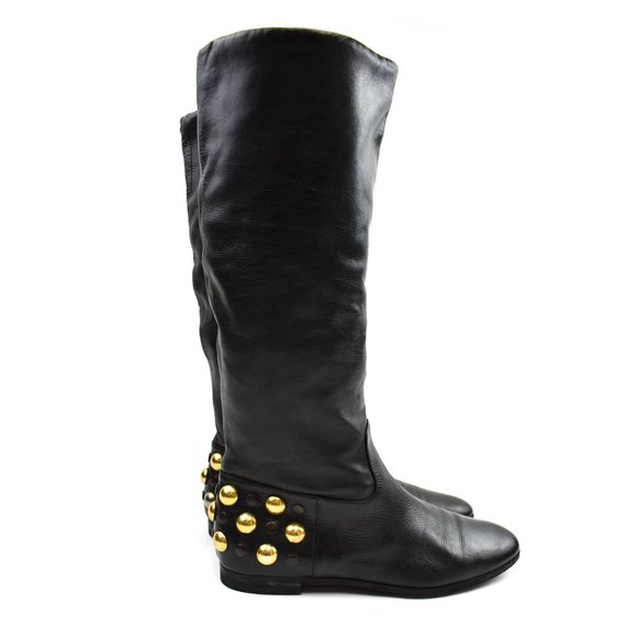 GUCCI: Black Leather & Gold Studded, Moto Boots - Picture 4 of 10